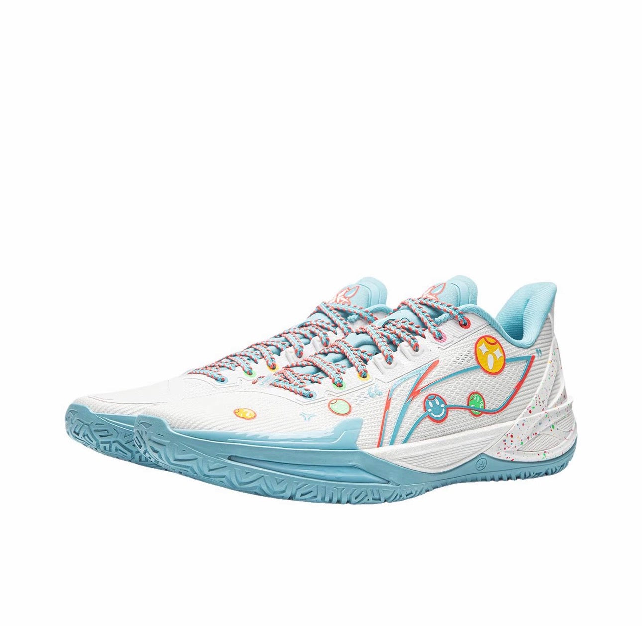 Li-Ning Liren 6 V2 E Person ホワイト スカイブルー スマイルバッジ 斜め前方
