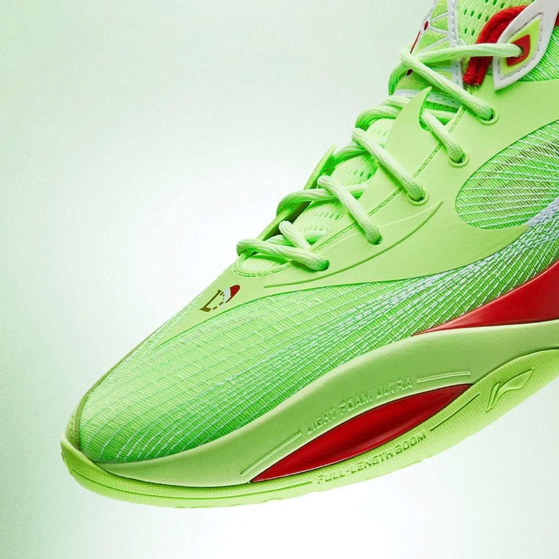Li-Ning DLo 2 Christmas ライムグリーン レッド 前足部アップ