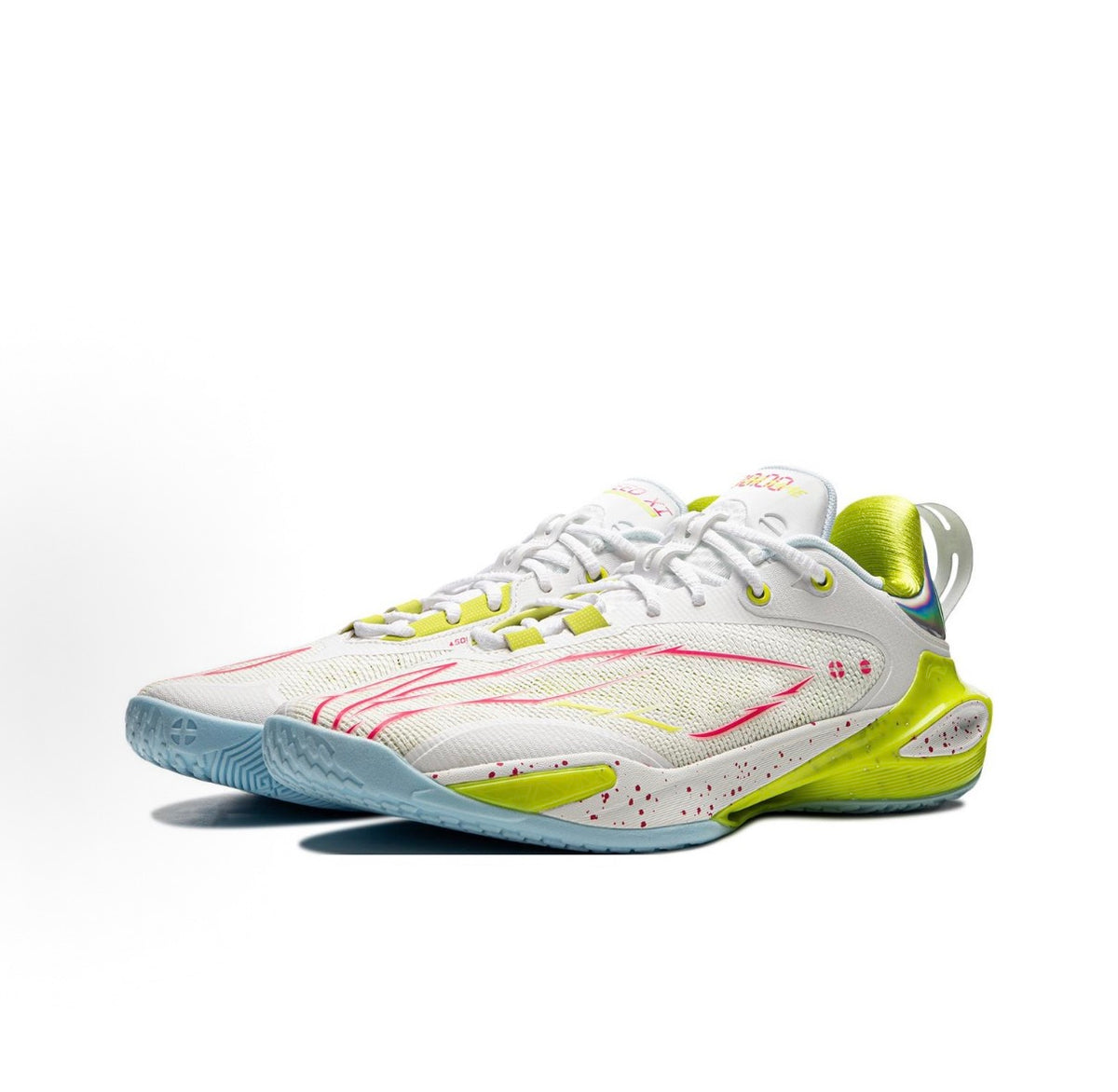 リーニン LI-NING SPEED 11「ホワイト/ネオンイエロー」スピード11 バッシュ 斜め前方