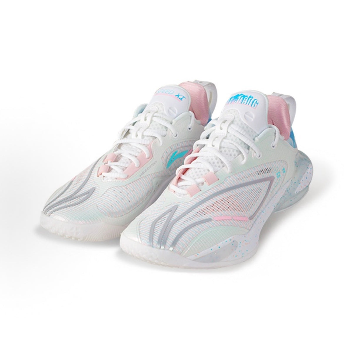 リーニン LI-NING SPEED 11「ホワイト/パステル」スピード11 バッシュ 斜め前方 ペア